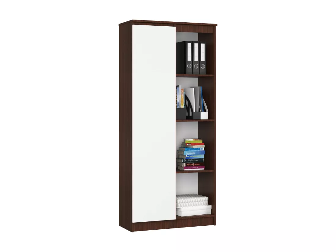 Bibliothèque de bureau AKORD R80 Wengé 80 cm 1 porte façade Blanche mat 8 étagères 80x35x180 cm