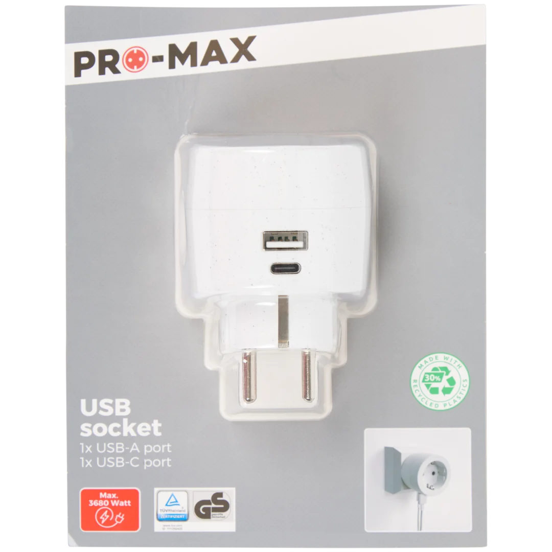 Pro-max stekkeradapter met USB-A en USB-C 3680 watt
