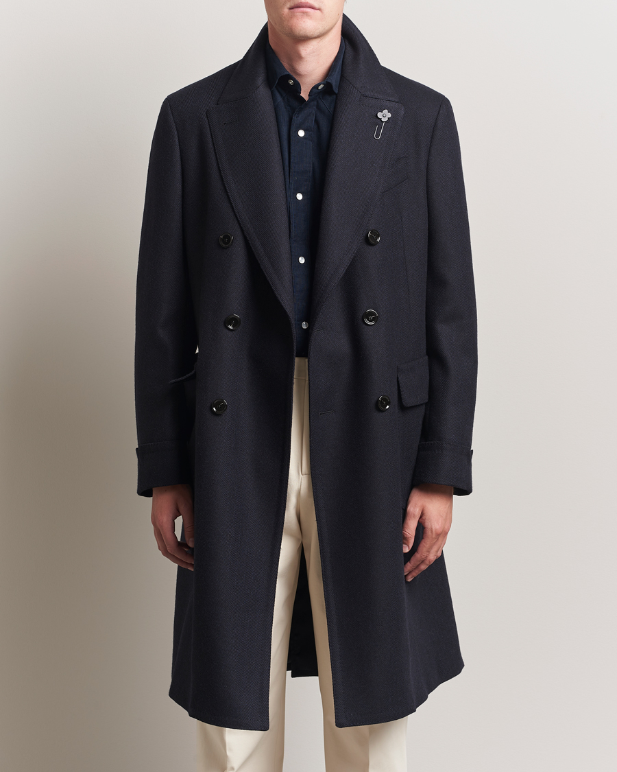 Lardini Wool/Cashmere Herringbone Coat Navy