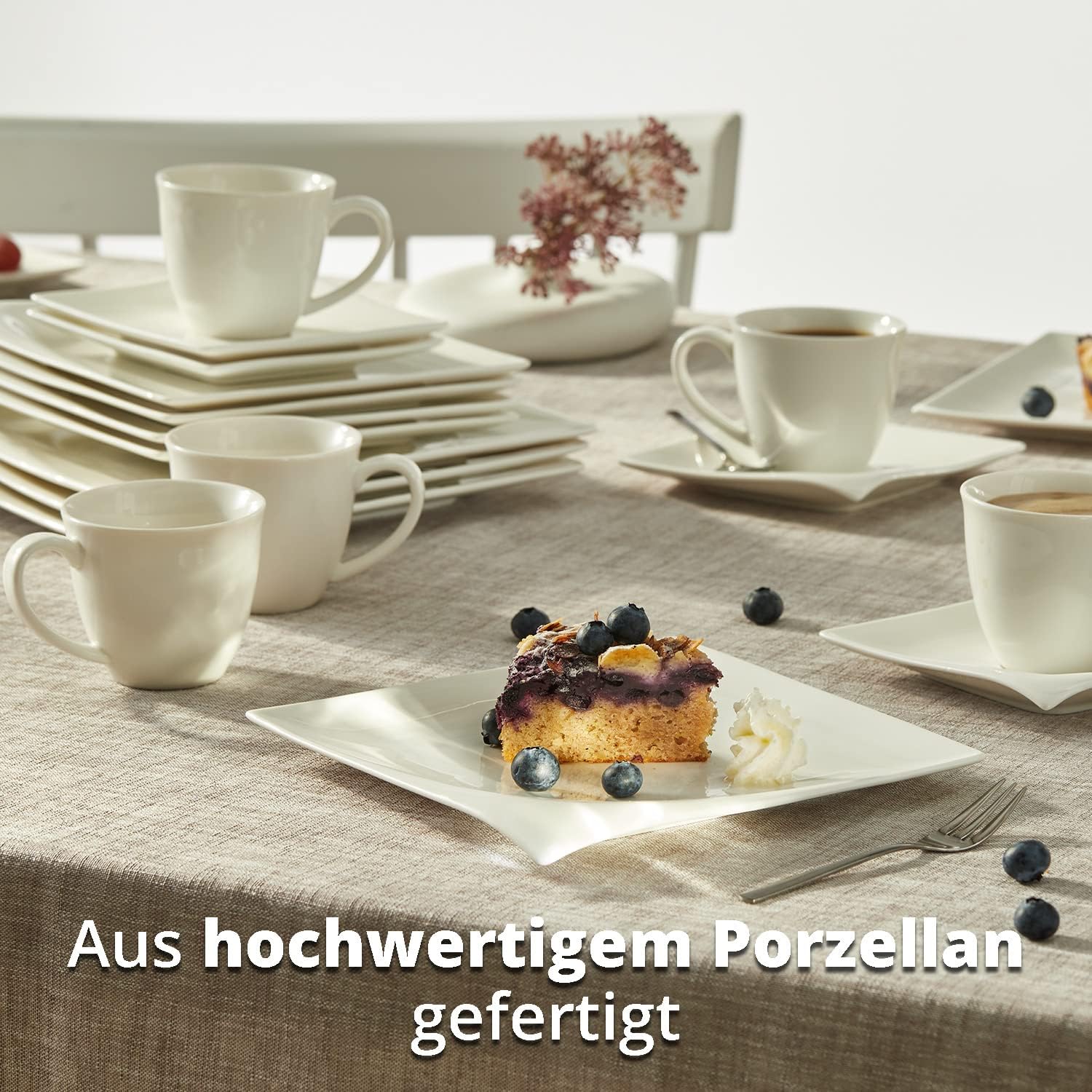 Kombiservice für 6 Personen Porzellan 30-teiliges eckiges Geschirrset weiß, geschwungenes Design 6xDessertteller 6xKaffeetassen 6xKaffeeuntertassen 6xSpeiseteller 6xSuppenteller