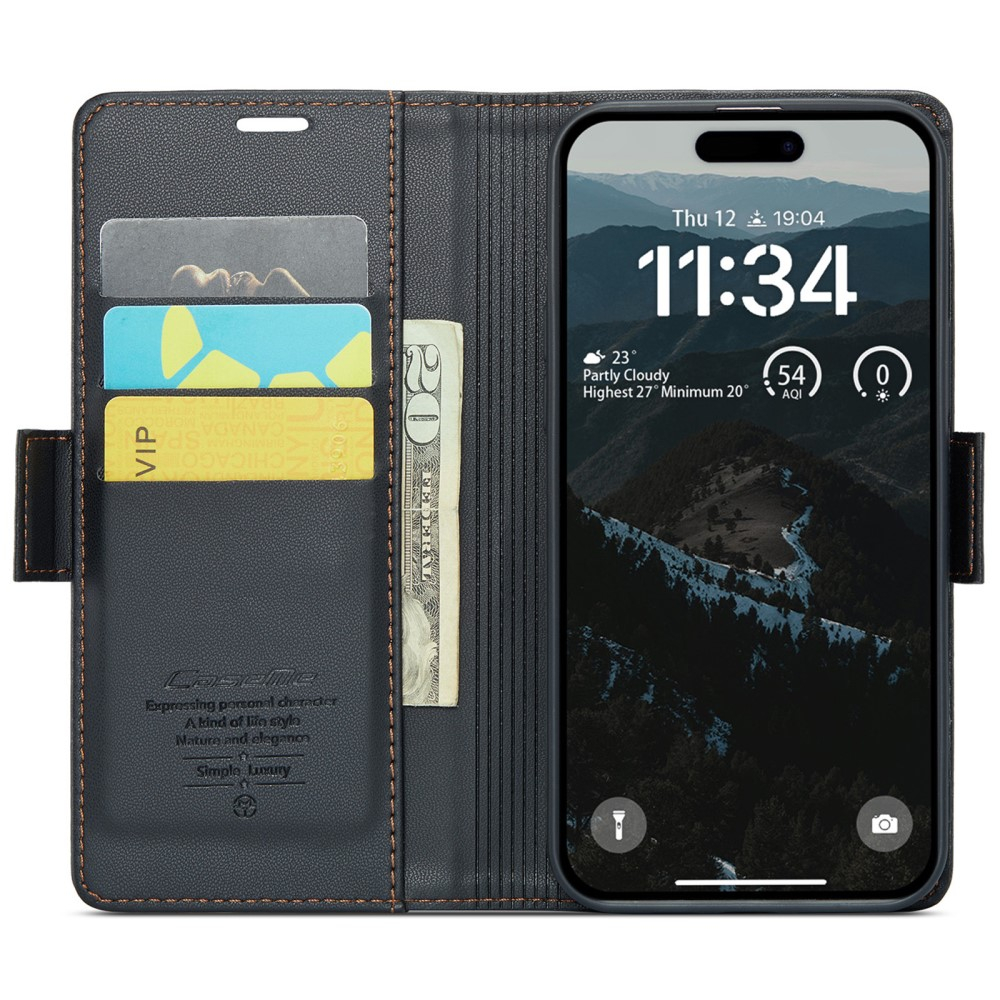 iPhone 16 Leder Tasche Flip Wallet Etui mit Kartenfächern Litchi Look (RFID Schutz) - Schwarz