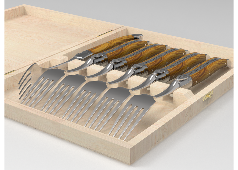 Service de 6 fourchettes Laguiole avec un manche en bois d'olivier et mitres en acier inoxydable