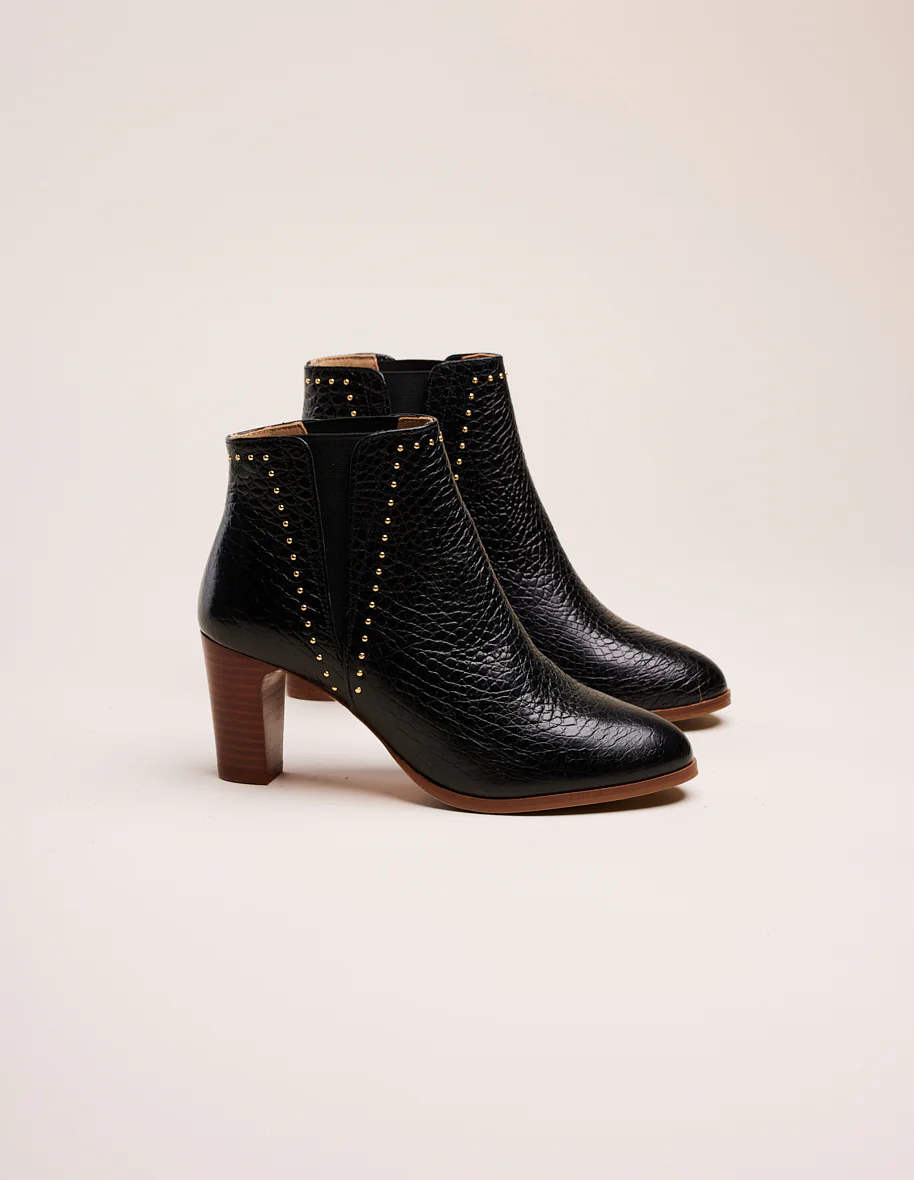 Bottines à talons Jeanne H - Cuir noir croco et clous