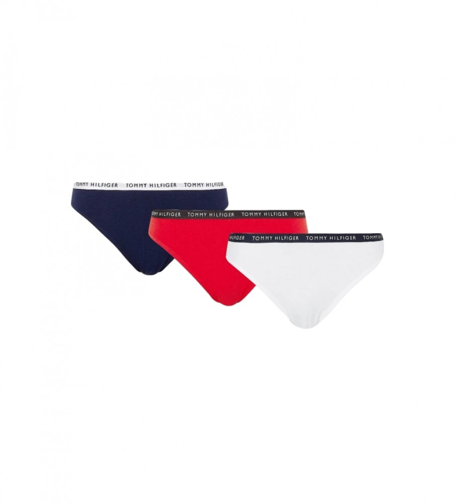 Conjunto de 3 cuecas Tommy Hilfiger com logo nas cores azul-marinho, vermelha e branca.