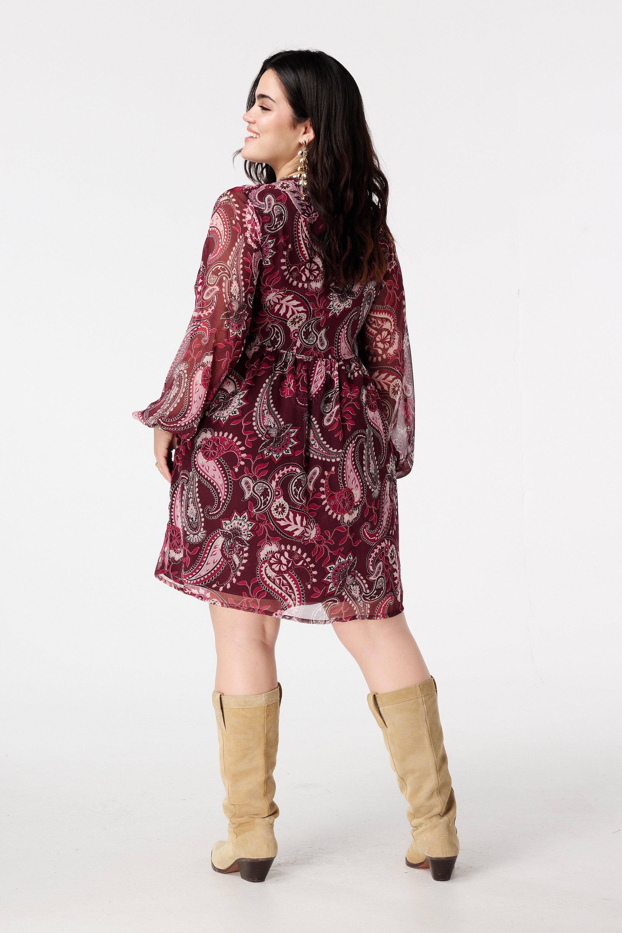Jurk met sheer mouwen en print Multi Pink