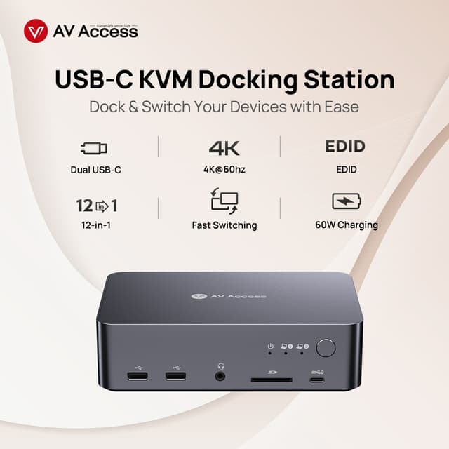 AV Access-dockingstation og KVM-switch 2 til 2 USB-C til HDMI, 4K60Hz, 6x USB-A, 1x USB-C PD 100W, 1x 3,5 mm AUX, 1x SD-kortlæser, 2x60W PD
