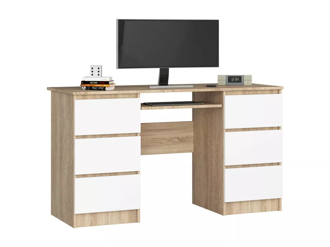Bureau d'ordinateur AKORD A11 Chêne Sonoma 135 cm 6 tiroirs façade Blanche 135x50x77 cm