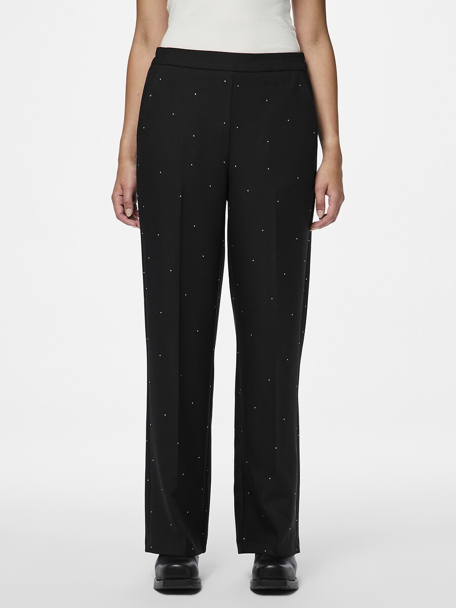 PEÇAS<br>Calças largas, cintura alta com strass
