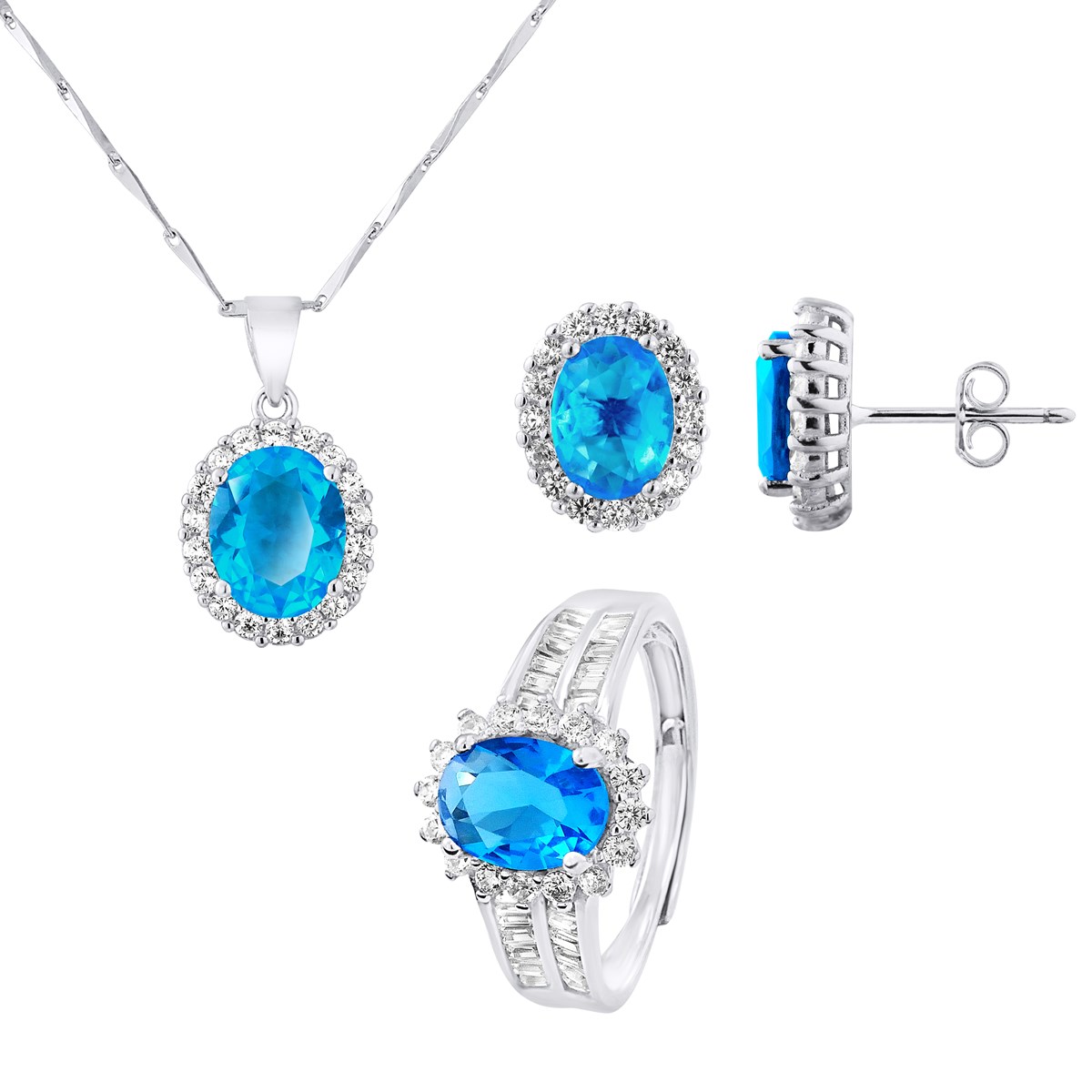 PARURE OVALE : Collier - Bague - Boucles d'Oreilles - Argent 925