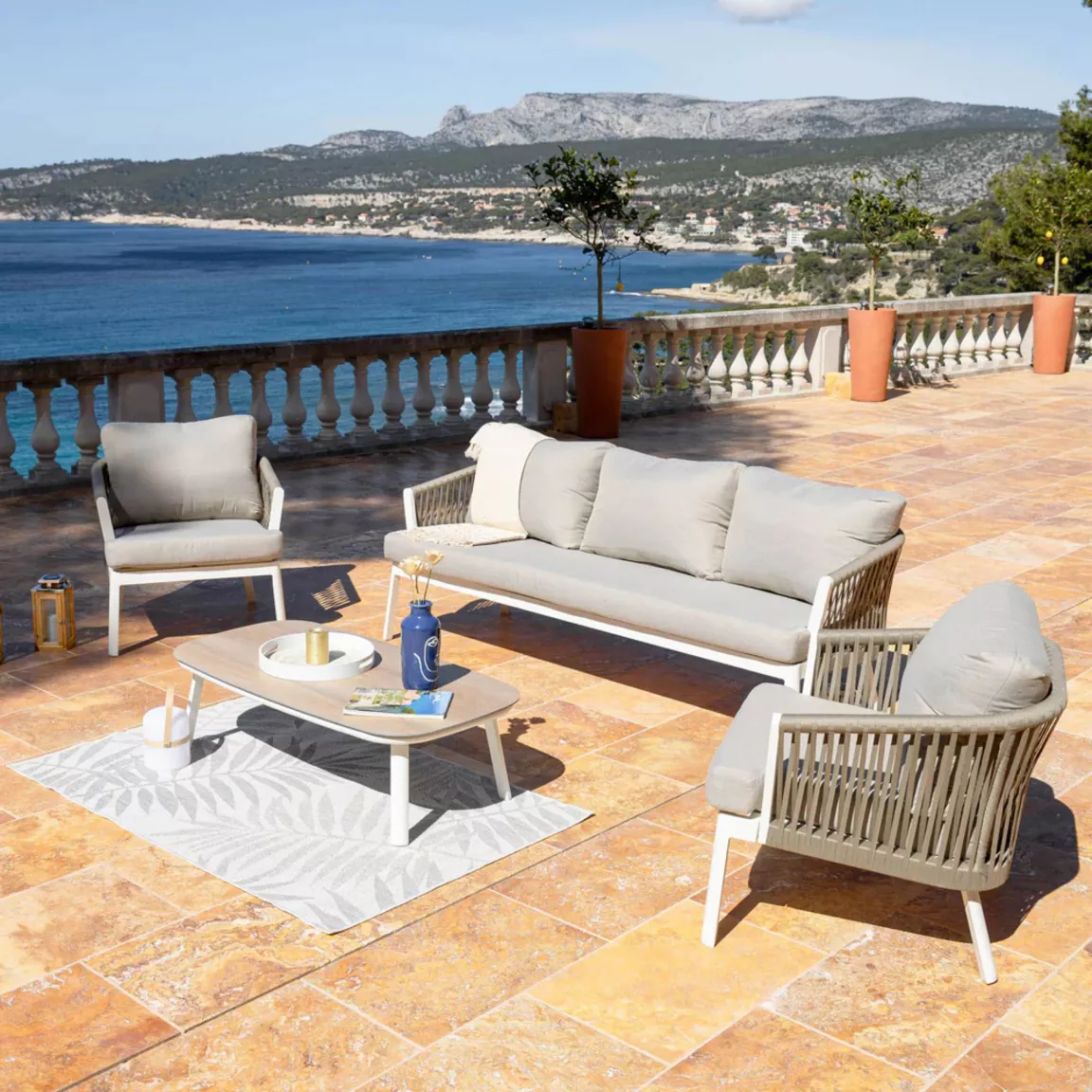 Salon de jardin en aluminium 5 places 4 pcs Amalfi Blanc et taupe