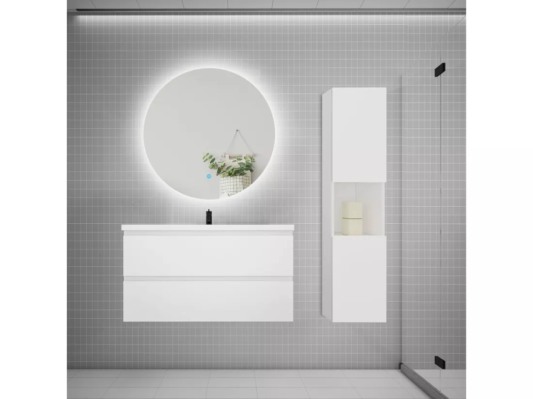 Ensemble meuble vasque 100cm 2 tiroirs + lavabo + colonne + miroir rond,blanc