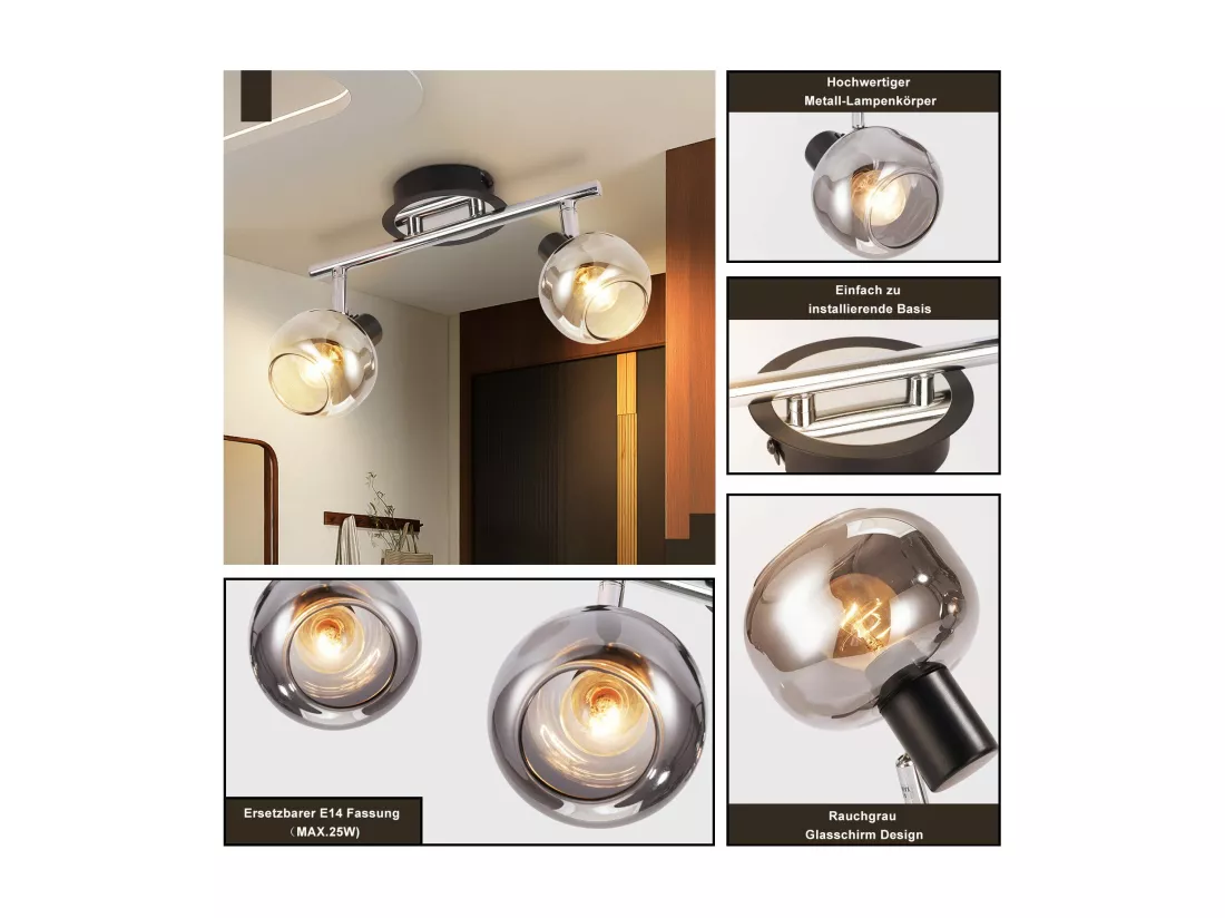 Plafonnier Spot E14 Moderne Verre Fumé 2 Flammes Plafonnier Orientable 350°