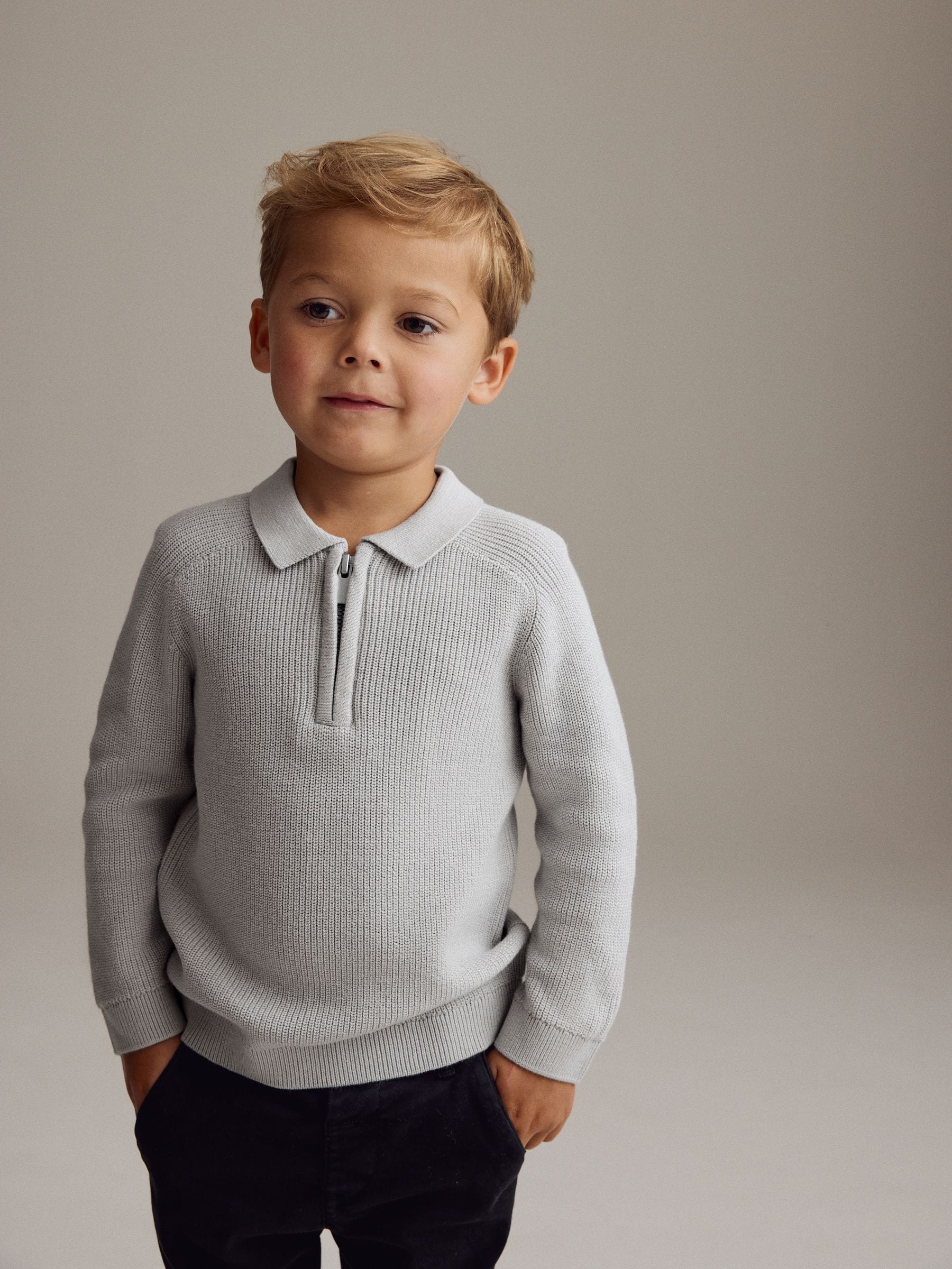 Lichtgrijs - Poloshirt met lange mouwen en kwartrits (3mnd-7jr)