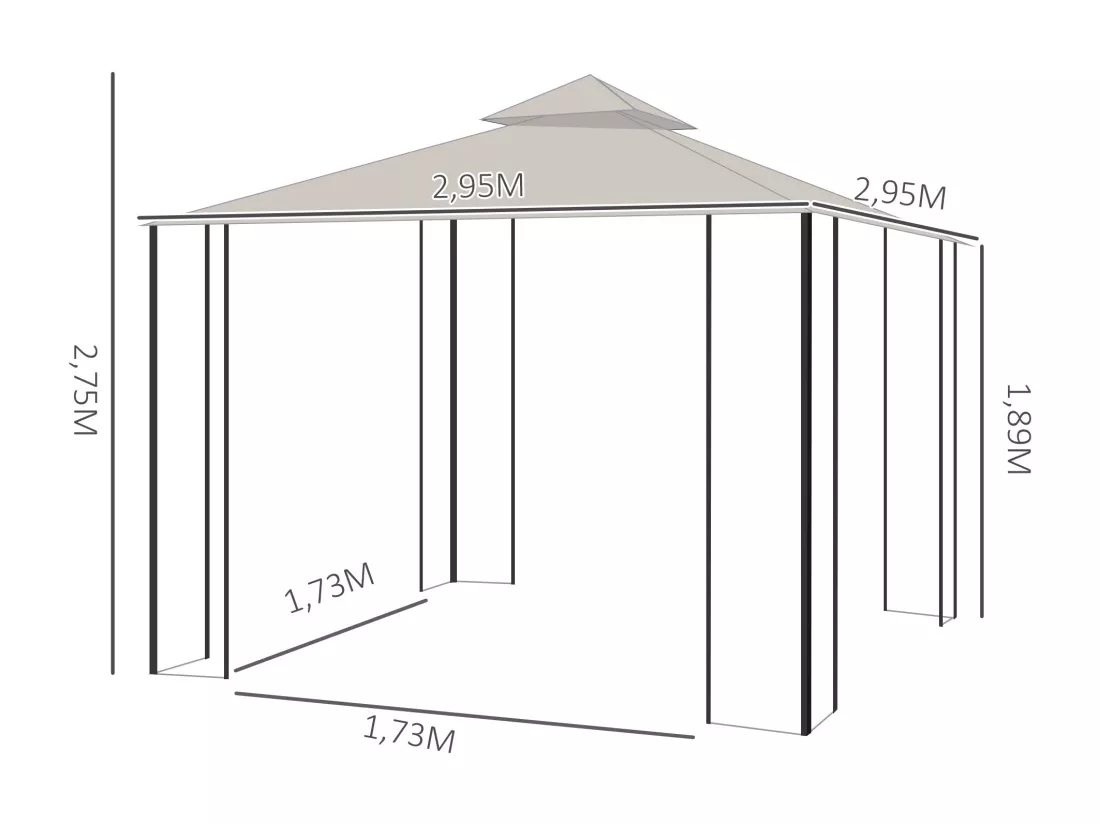 Pavillon de jardin tonnelle barnum style colonial double toit toiles moustiquaires amovibles zippées dim. 2,95L x 2,95l x 2,75H m beige noir