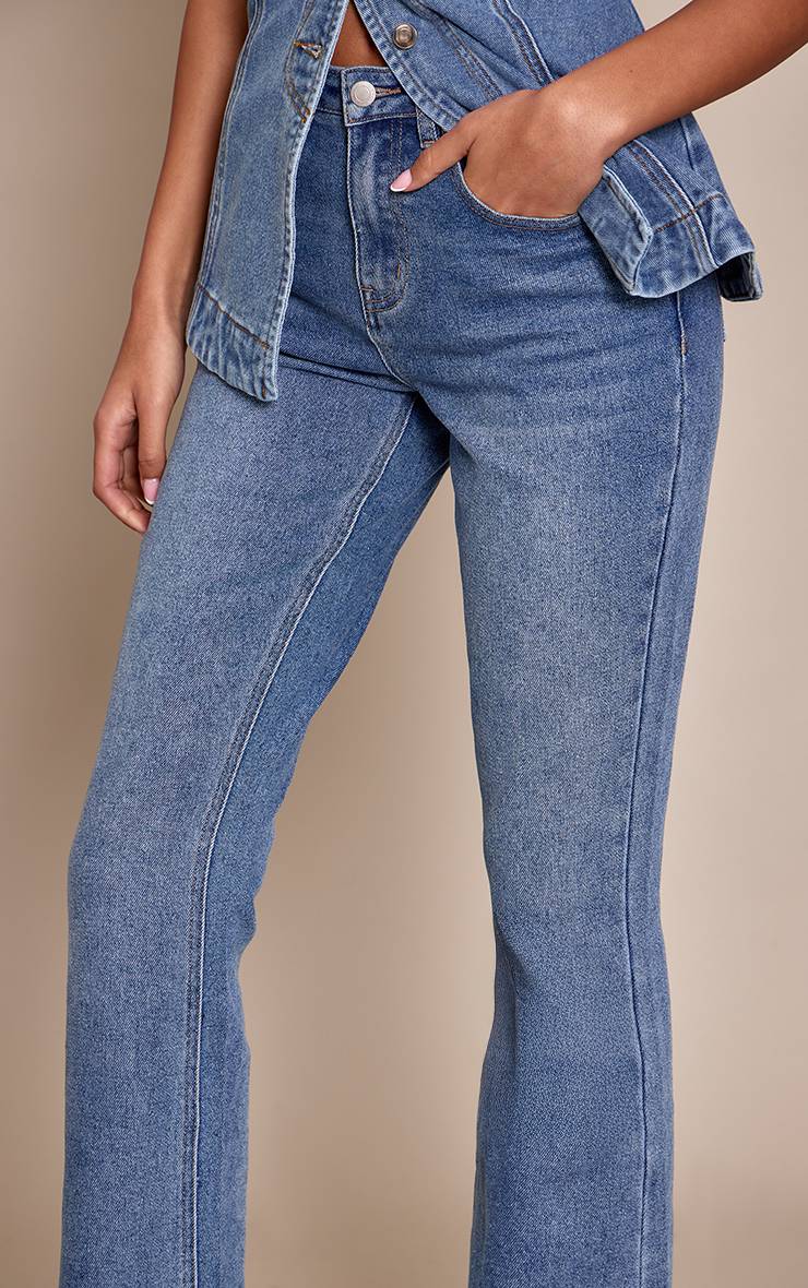 Bleu Foncé Jean Évasé Taille Basse Stretch Coupe Longue