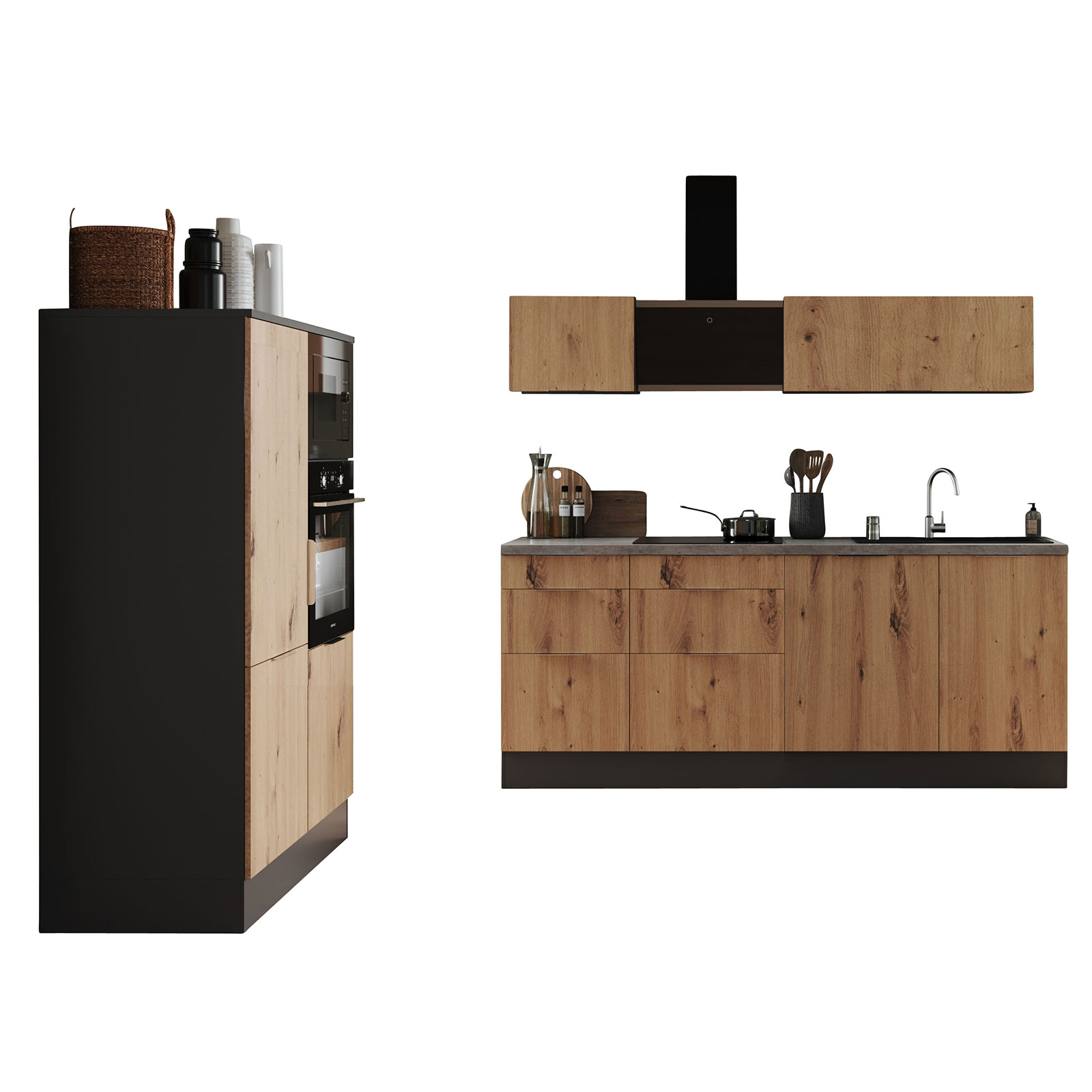 RESPEKTA Küchenblock - Artisan Eiche -grau matt - mit E-Geräten - 340 cm