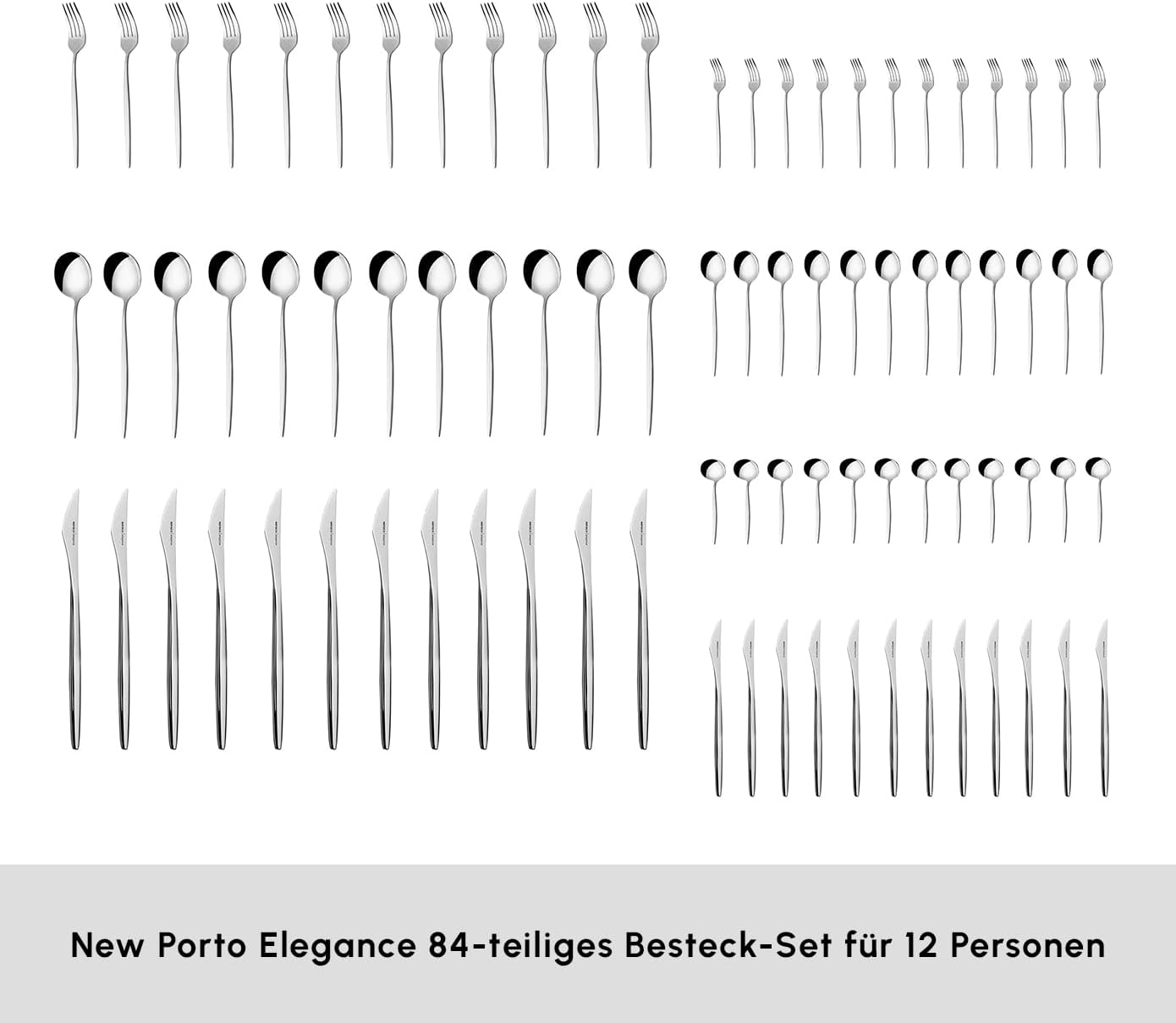 Karaca New Porto 84-teiliges Besteck Set für 12 Personen, Edelstahl-Besteckset, Elegante und vollständige Lösung für Ihr Esszimmer