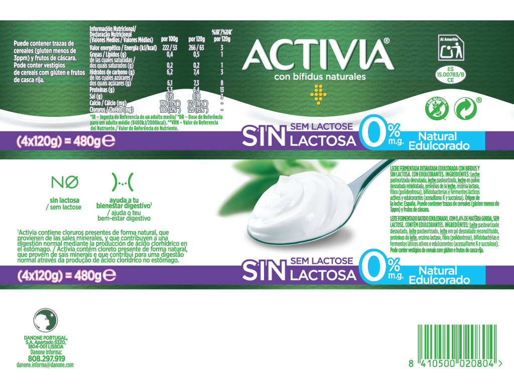 BIFIDUS DANONE ACTIVIA SEM LACTOSE NATURAL AÇÚCARADO 4X120G
