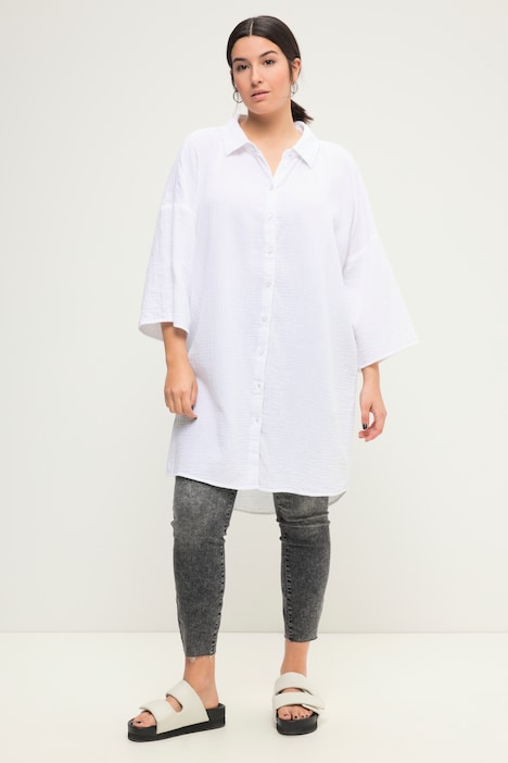 Long-Musselinhemd, oversized, Hemdkragen, Halbarm