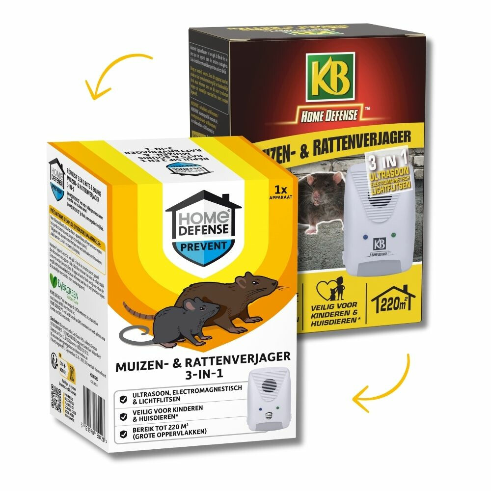 KB Home Defense Muizen- en Rattenverjager 220 m2 Ultrasoon, Elektromagnetisch en Lichtflitsen