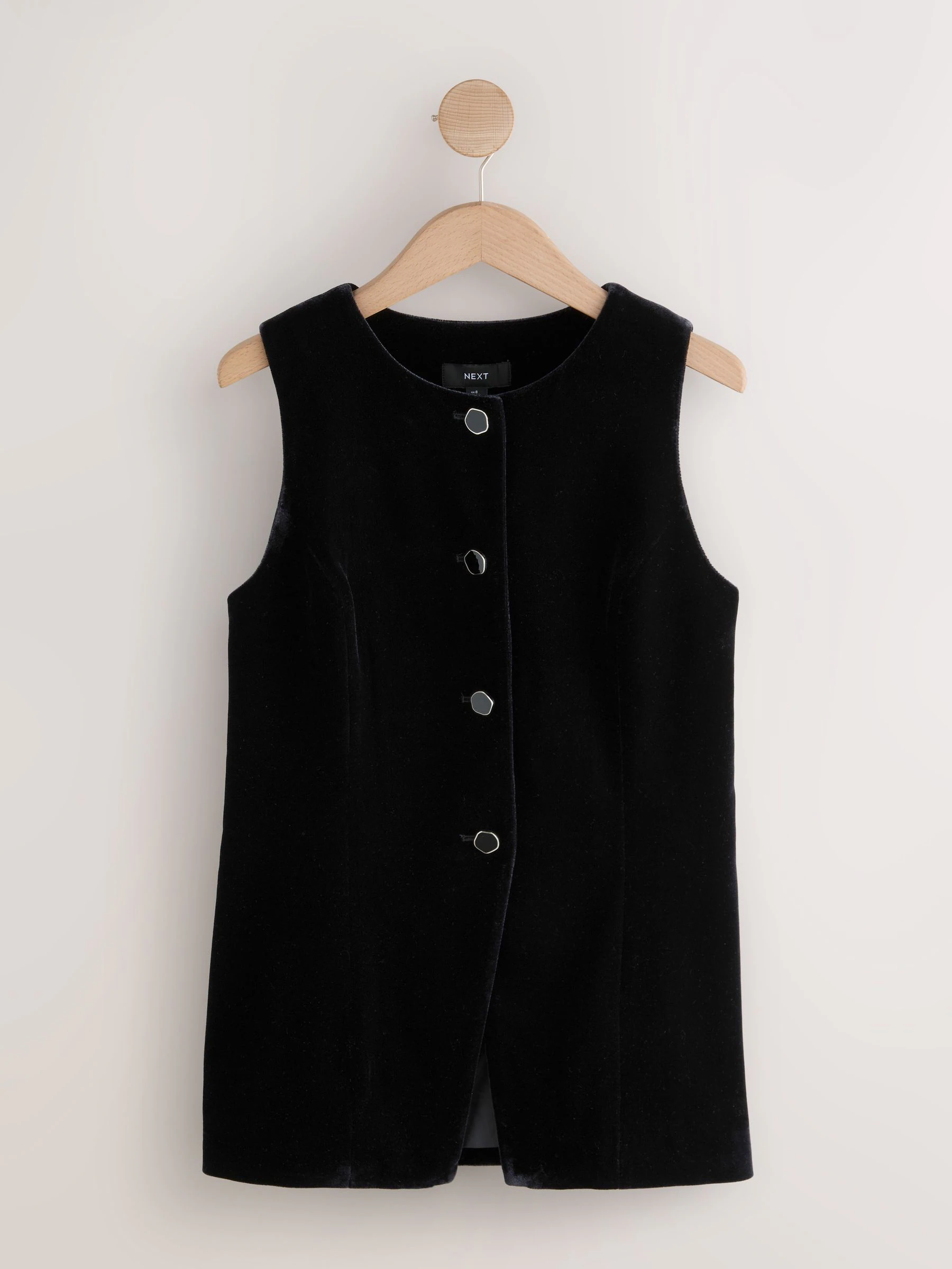 Zwart - Velvet Crew Neck Button Through Waistcoat