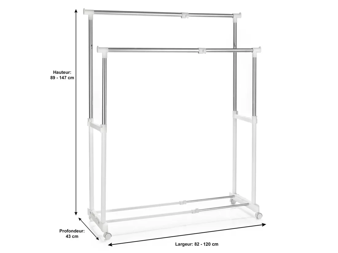 Portant à vêtements CASA en métal chromé et blanc, penderie double sur roulettes avec 2 barres hauteur et longueur réglables