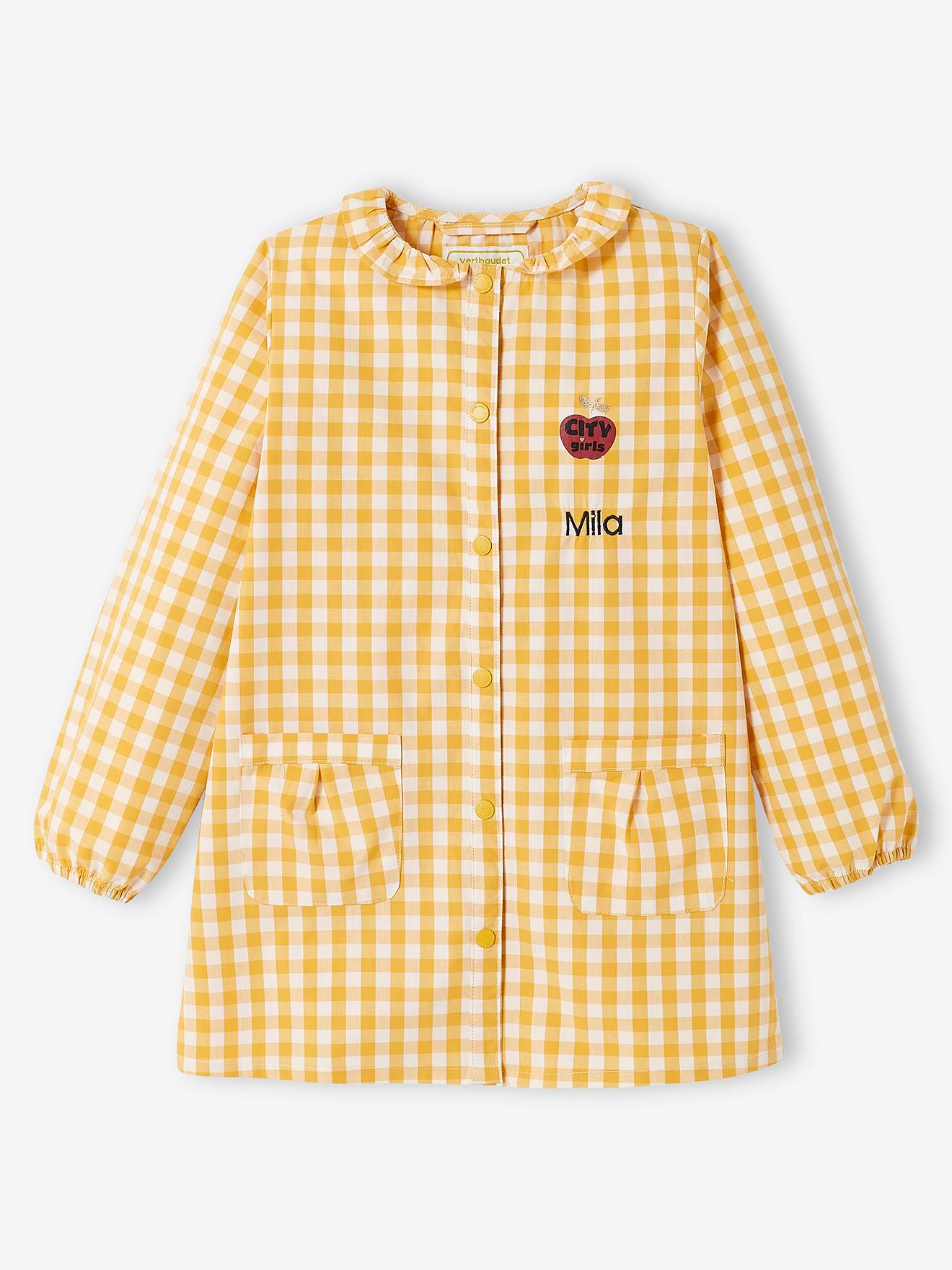 Conjunto xadrez vichy personalizável para bebê menina, tamanho médio, xadrez amarelo.