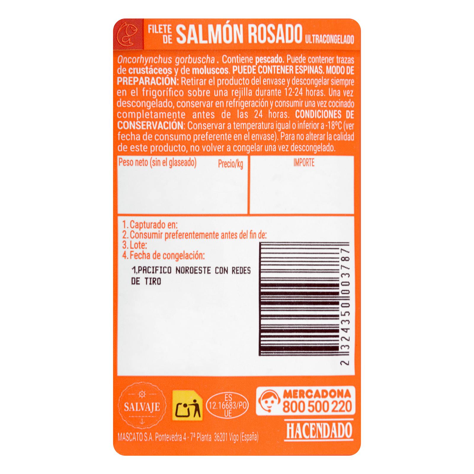 Filet de saumon rose sauvage surgelé Hacendado avec peau