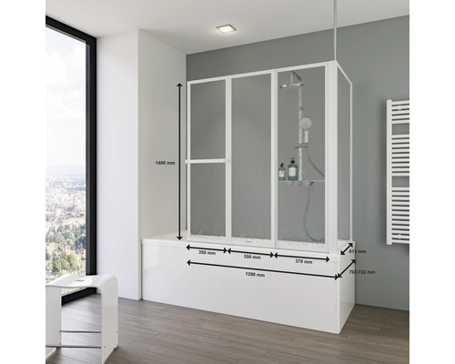 3-delige badwand met zijpaneel SCHULTE Komfort 128,8 x 140 cm, glasdecor druppel, profielkleur wit D1603-B 04 01 140