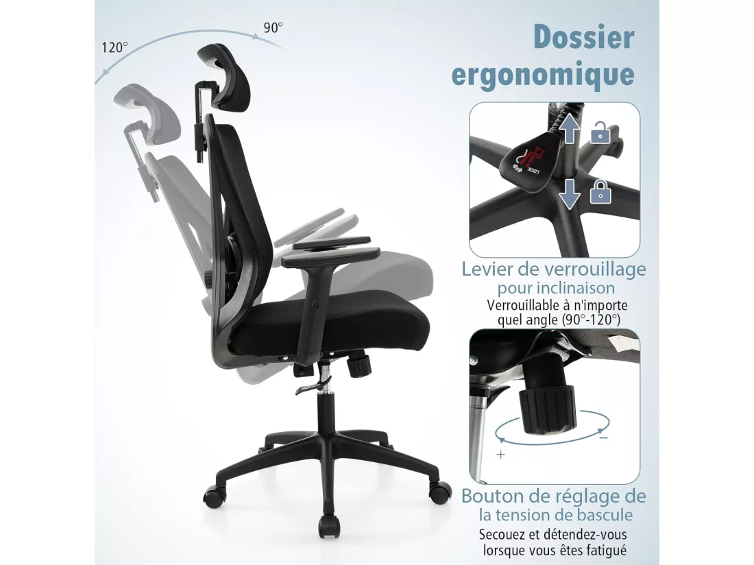 Chaise de Bureau Ergonomique, Fauteuil Bureau Pivotant Réglable en Hauteur, Dossier à Bascule de 90° à 120°, Maille Respirante, Support Lombaire, Appui-tête, Accoudoirs Ajustables, Noir