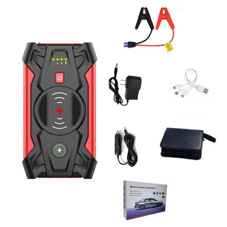 12000mAh Powerbank mit Jumpstart Power Starter Funktion Dual USB A und Qi Wireless   Auto Starthilfe Überbrückungskabel / LED Taschenlampe / Kompass - Rot / Schwarz