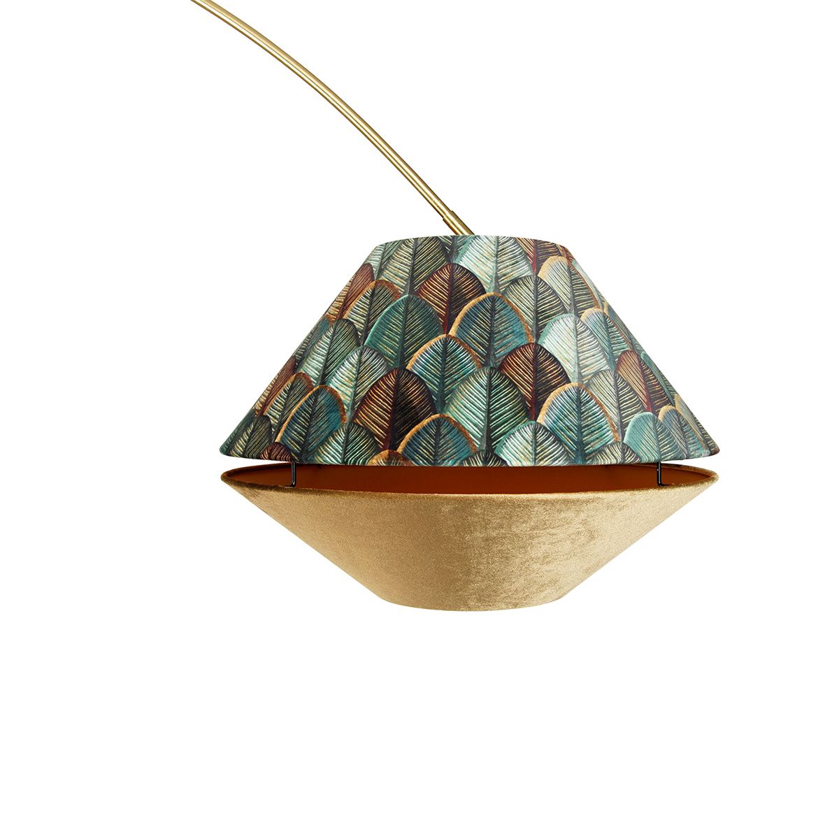 Booglamp messing met dubbele velours kap blad dessin en beige - XXL