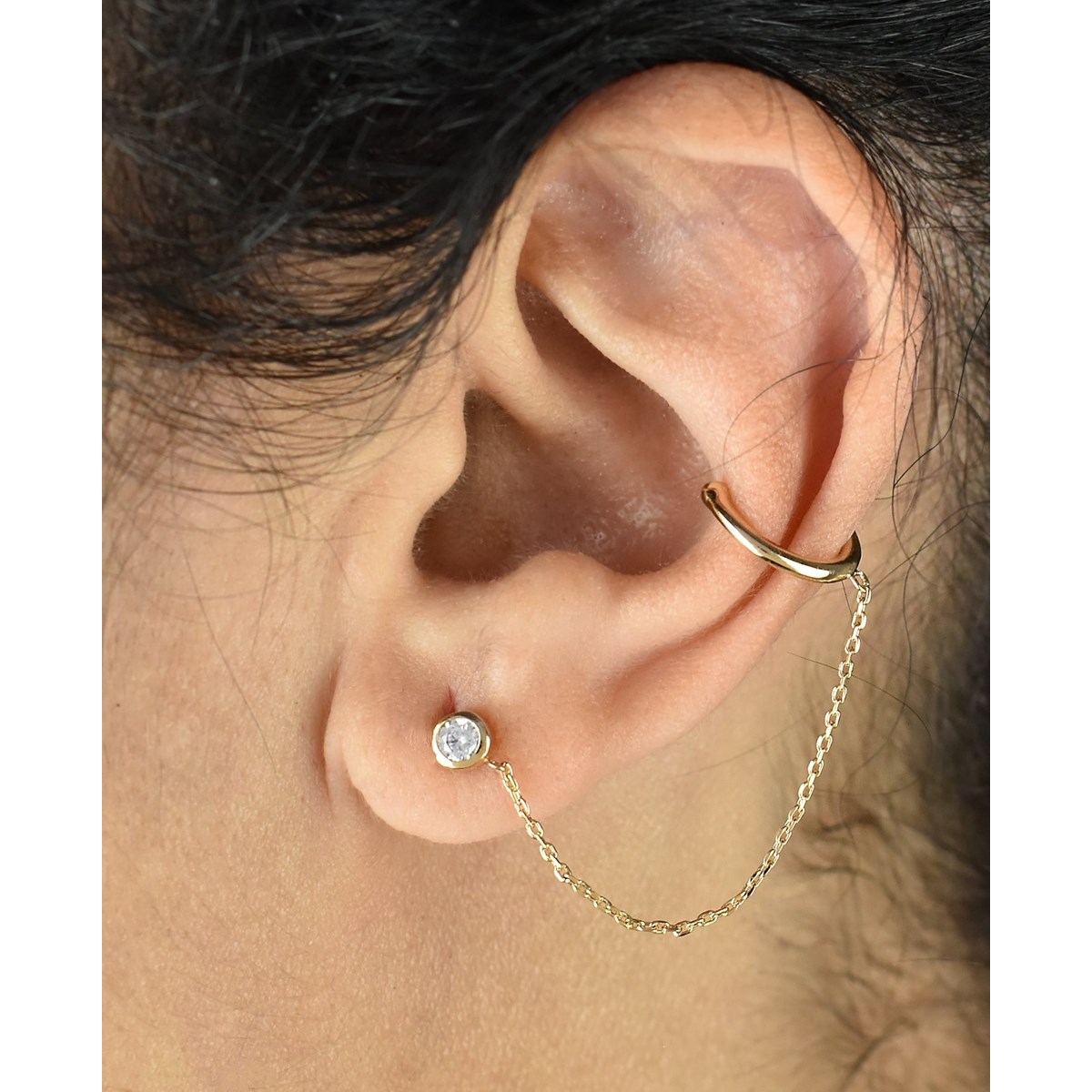 Clip d'oreille earcuff avec chaînette pendante oxyde de zirconium Plaqué OR 750 3 microns