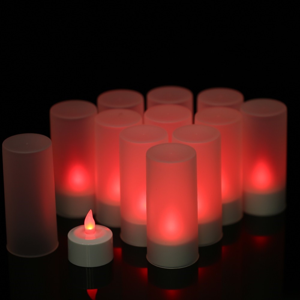 (12er Set) 2in1 Flackernde LED Teelichter Deko Kerzen Home Stimmungsleuchte inkl. Ladestation / Fernbedienung - Bunt