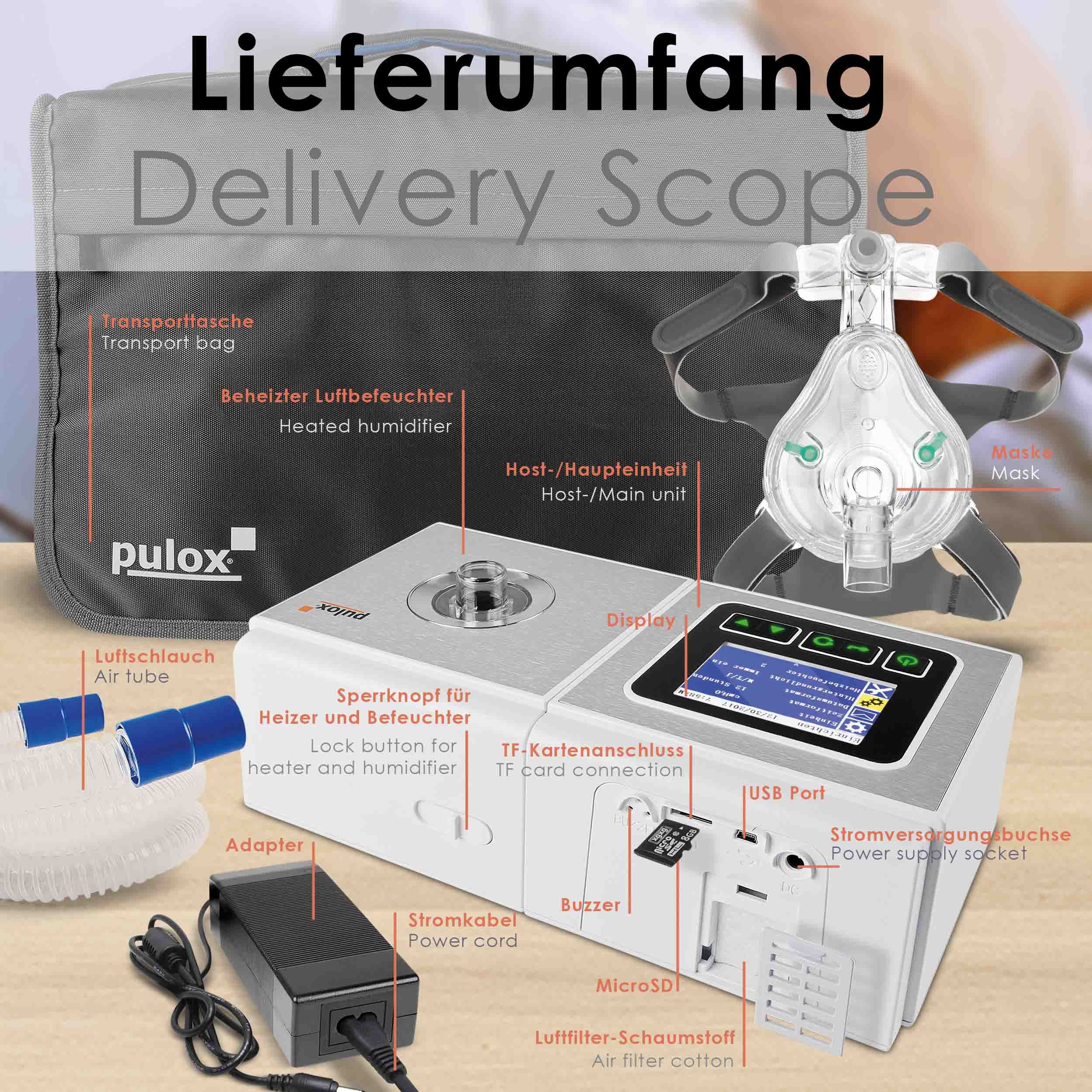 Pulox ACP-25 - Auto CPAP Gerät inkl. Gesichtsmaske Gr. M - Schlafapnoe-Therapiegerät - Weiß