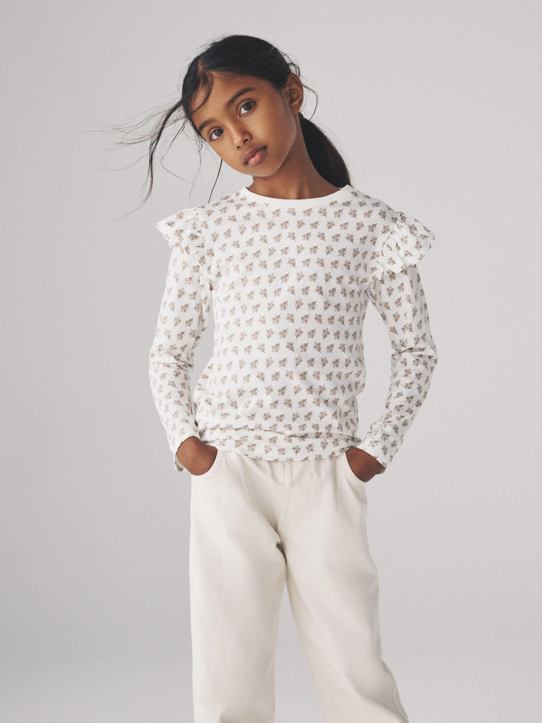 Grijs/Bruin/Roze/Wit - The Set 4 Pack Long Sleeve Ruffle Cotton T-Shirts