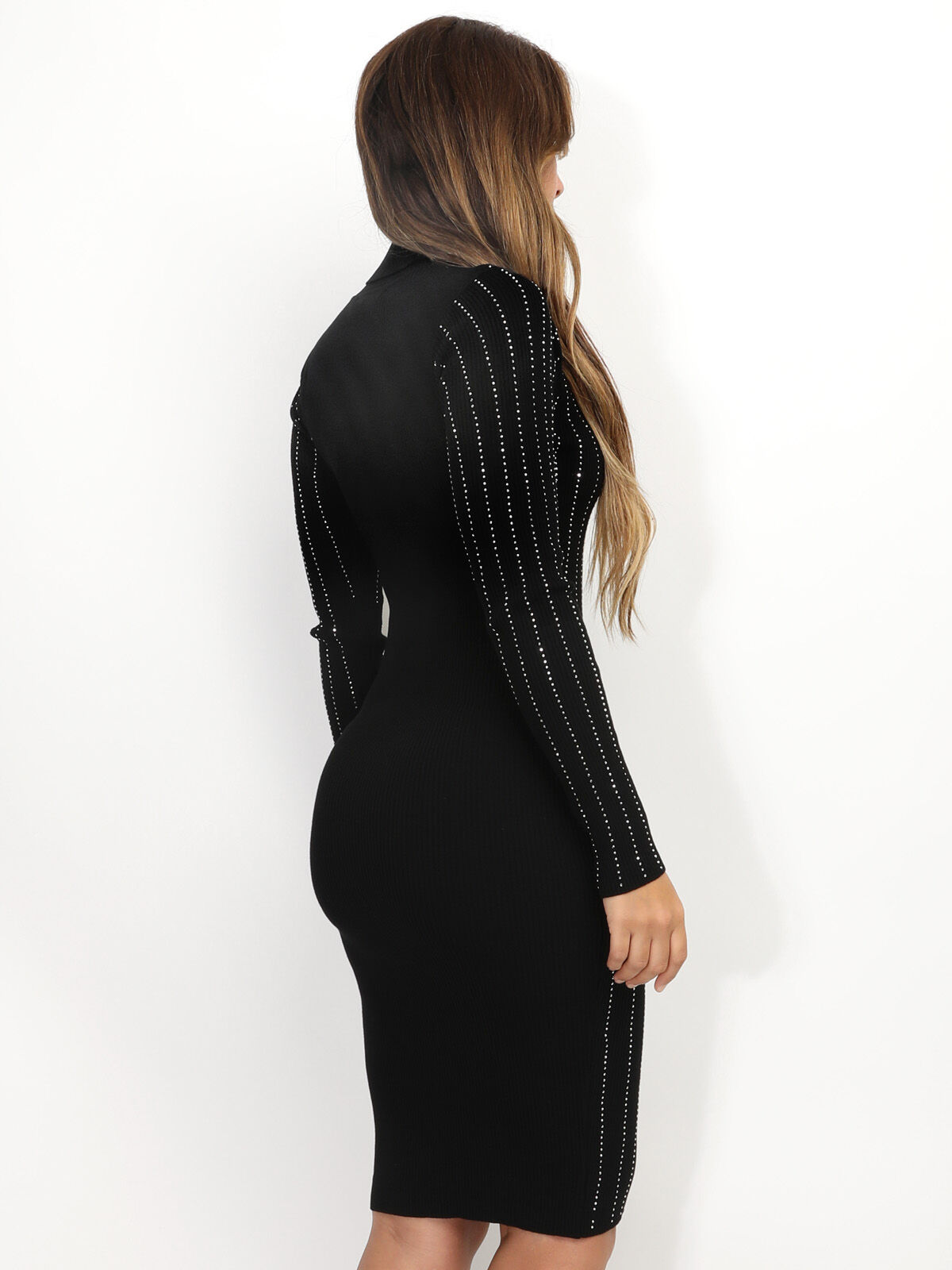 Robe en maille côtelée à strass- Noir