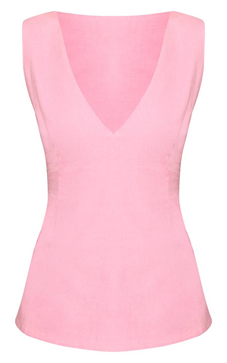 Rose Top Sans Manches En Lin À Décolleté Plongeant