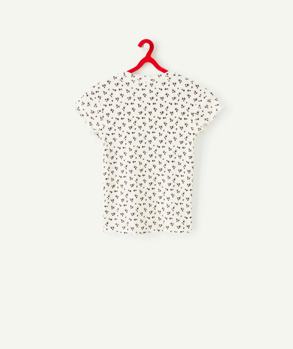 T-SHIRT FILLE EN COTON BIO BLANC CÔTELÉ IMPRIMÉ FLEURI