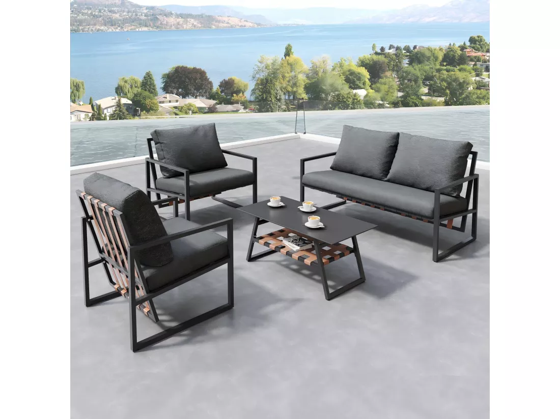 Salon de jardin 4 places en acier galvanisé, 1 canapé, 2 fauteuils et table basse avec couche de stockage