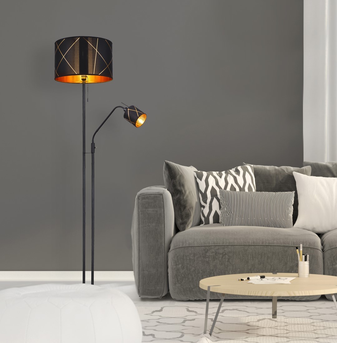 Stehlampe - schwarz-goldfarben - Metall - Zugschalter