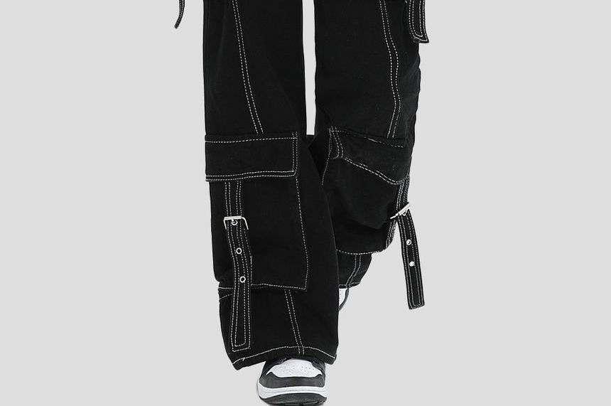 INStudio - Cargojeans met hoge taille en contrasterende bies, losse pasvorm en rechte pijpen