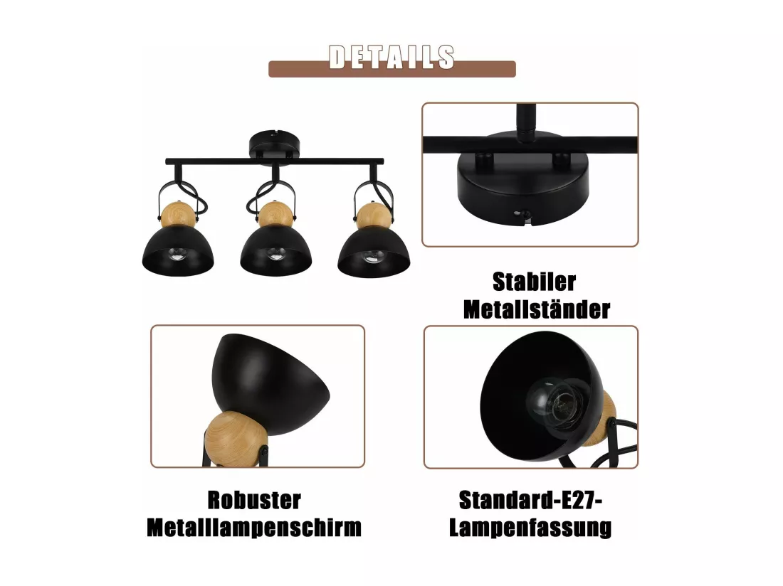 NETTLIFE Spot de plafond vintage noir E27 orientable 350° lampe de couloir rétro métal industriel 3 flammes