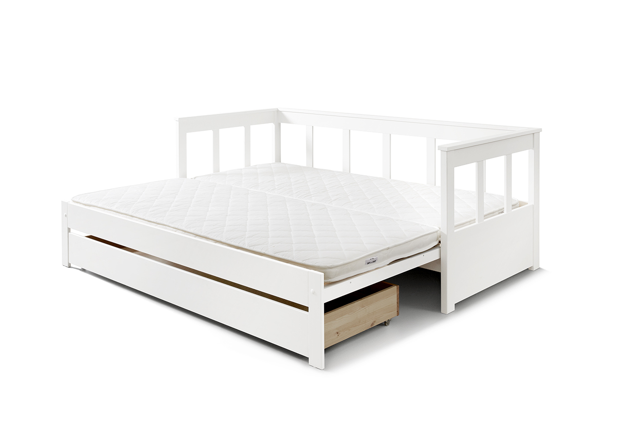 Funktionsbett PINO - weiß Kiefer massiv - mit Schubkasten - 90-180x200 cm