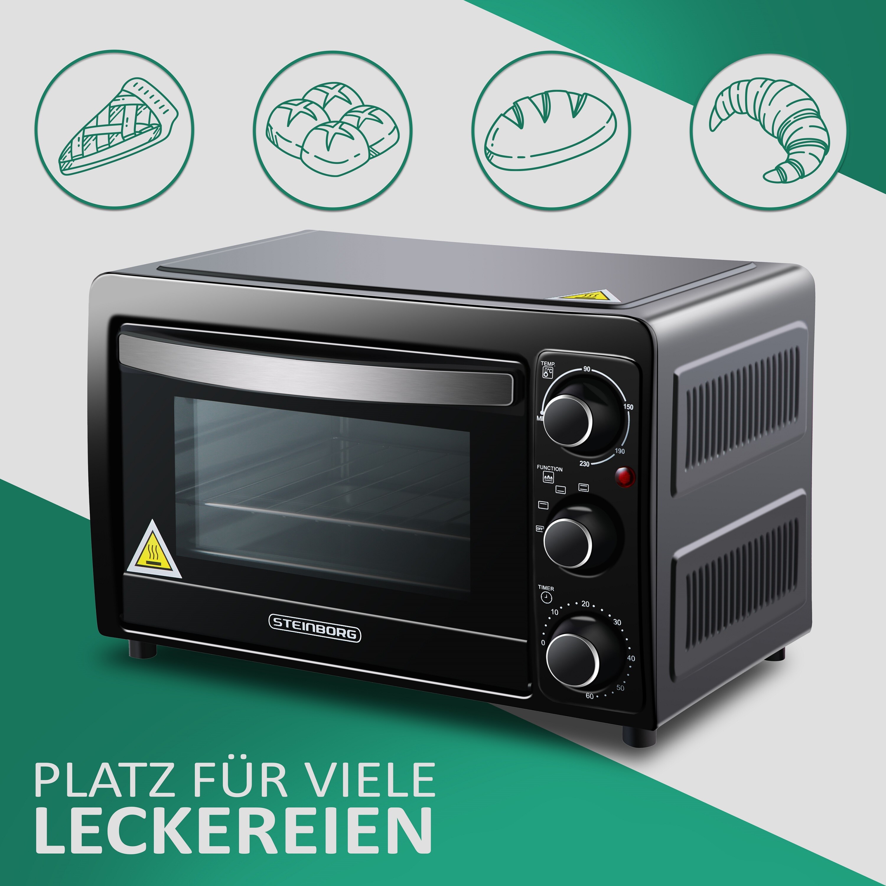 Steinborg Minibackofen 15L Krümelblech 60 min Timer 90-230°C 1300W