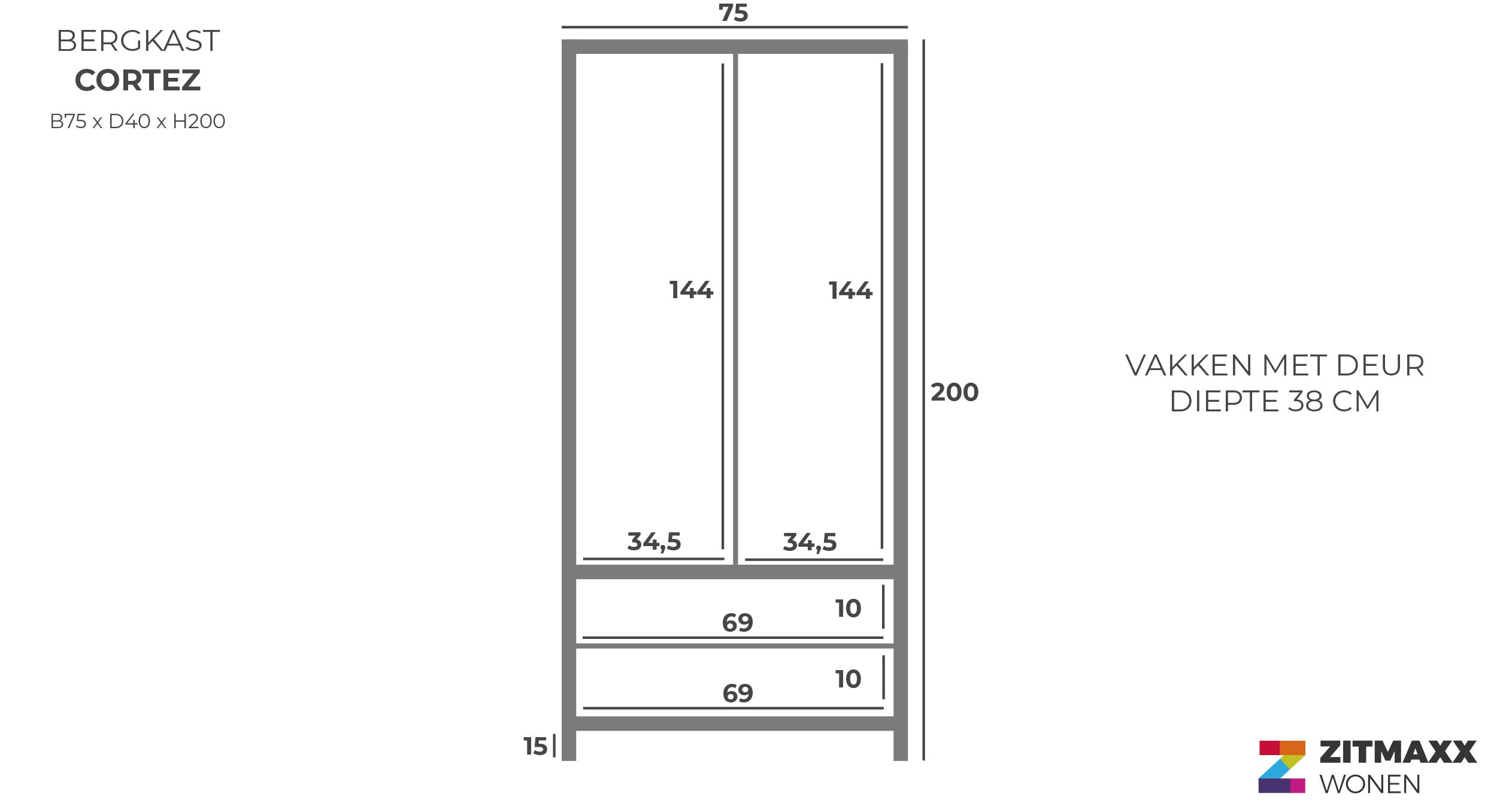Bergkast Cortez B75 x D40 x H200 cm