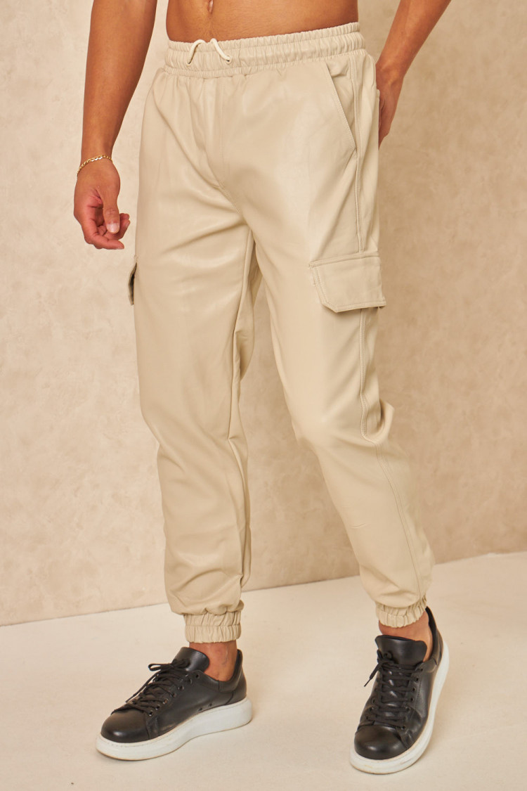Pantalon de jogging en simili cuir beige