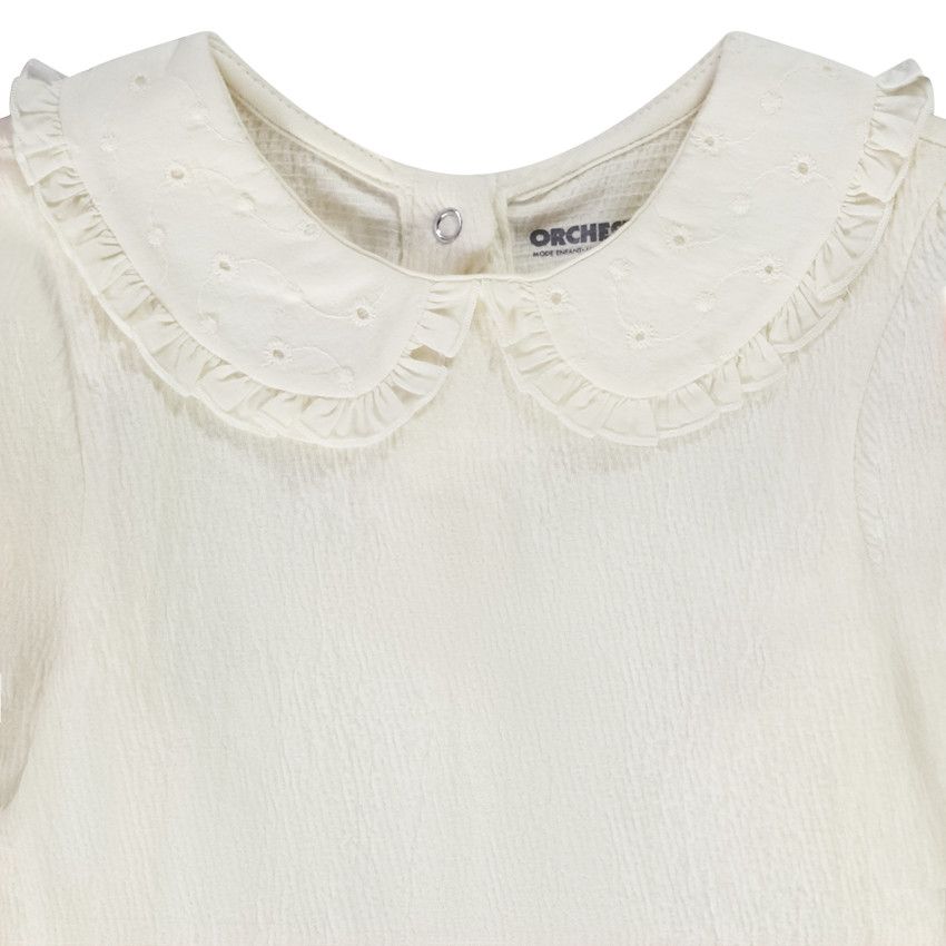 T-shirt manches longues en jersey col broderie anglaise pour bébé fille - Ecru
