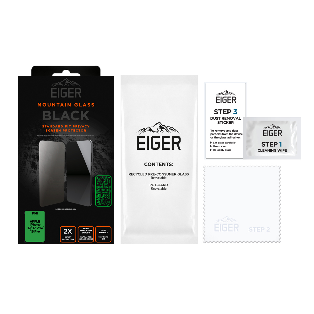 iPhone 17 / 17 Pro / 16 Pro Mountain Glass Black Panzerglas 2.5D Privacy Displayschutz Case Friendly (EGMSP00334)