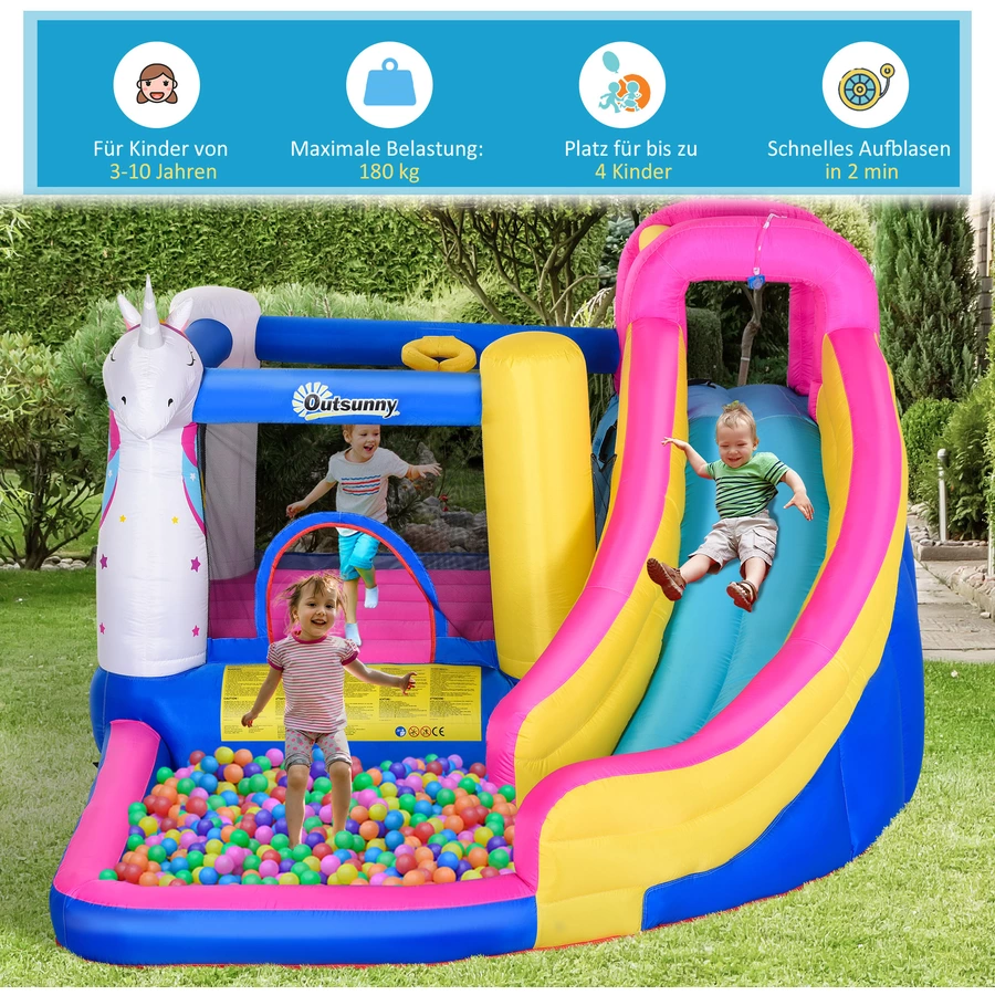 Outsunny Kinderhüpfburg mit Rutsche und Pool bunt